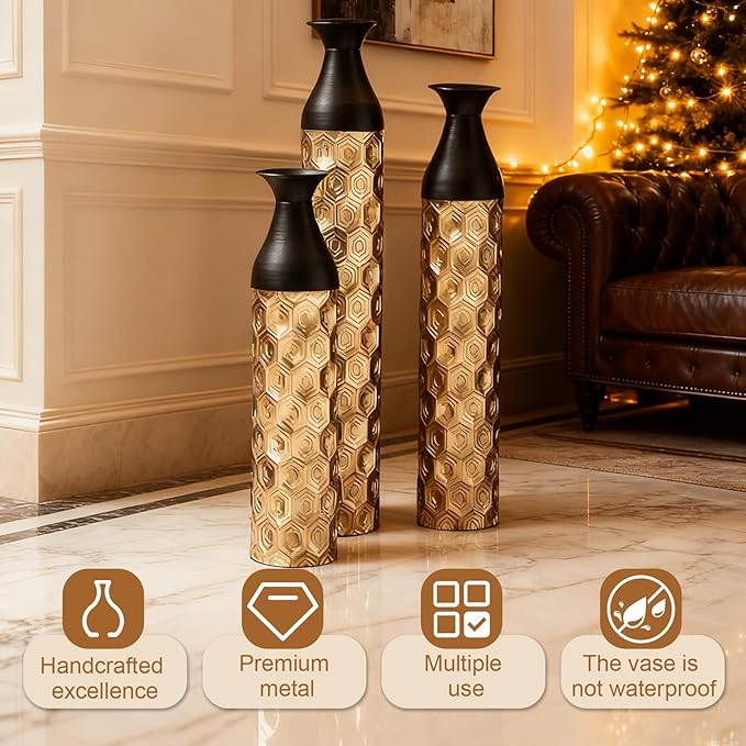 Floor Oversized Gold Metal Decorative Vase with 3D Triangle Pattern Set of 3 Large Vases for Home Living Room 33.5 ", 29.5 ", 25.2" High (Black+Gold)