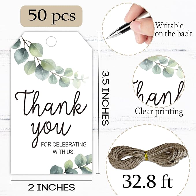 Thank You for Celebrating with Us Tag, 50 Pcs Thank You Paper Lables, 2x3 Inch Floral Gift Tags with String for Wedding Birthday Baby Shower Bridal Shower, Party Decoration-A04