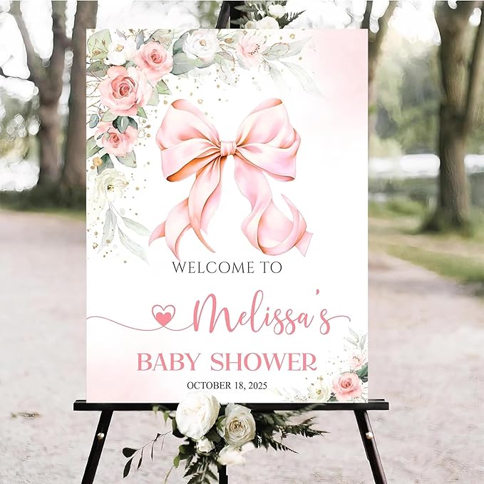 Personalized Pink Bow Baby Shower Welcome Sign, Custom Minimalist Bow Baby Girl Party Sign, Baby's Shower Gifts, Birthday Gifts, Gender Reveal Decorations, Newborn Announcement Party Supplies - 05