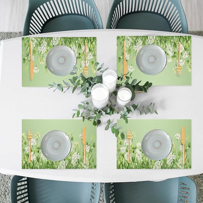 PVC Placemats Set of 4 Sage Green Flower Wipeable Table Mats Washable Heat Resistant Non Slip Vinyl Dining Table Mat for Kithen Indoor Outdoor Patio Farmhouse Place Mats Decorative
