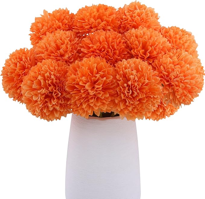 12 Pcs Artificial Chrysanthemums Fall Flowers Silk Orange Marigolds Flowers Fake Mums Flower for Autumn Dia de Los Muertos Diwali Day of The Dead Home Decor (12, Orange)