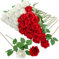 36 Pcs Red and White Rose Artificial Roses Flowers Bouquet Centerpiece,Fake Silk Rose Stem Realistic Artificial Flowers Bulk for Bridal Wedding Bouquet Ball Arrangement Party Decor