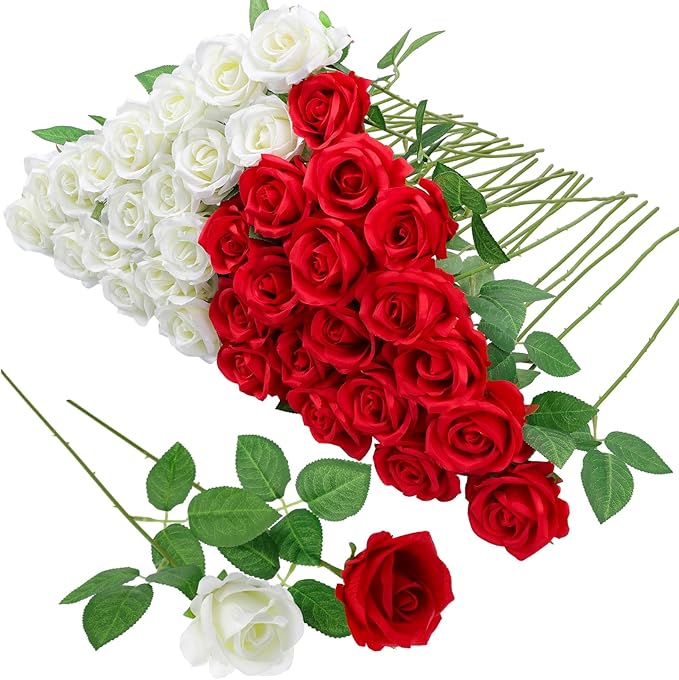 36 Pcs Red and White Rose Artificial Roses Flowers Bouquet Centerpiece,Fake Silk Rose Stem Realistic Artificial Flowers Bulk for Bridal Wedding Bouquet Ball Arrangement Party Decor