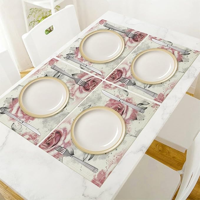 Rose Placemats Set of 4, 17x12 Inch Vintage Romantic Floral Pink Rose Gray Leaf White Table Mats for Home Party Kitchen Dining Decor