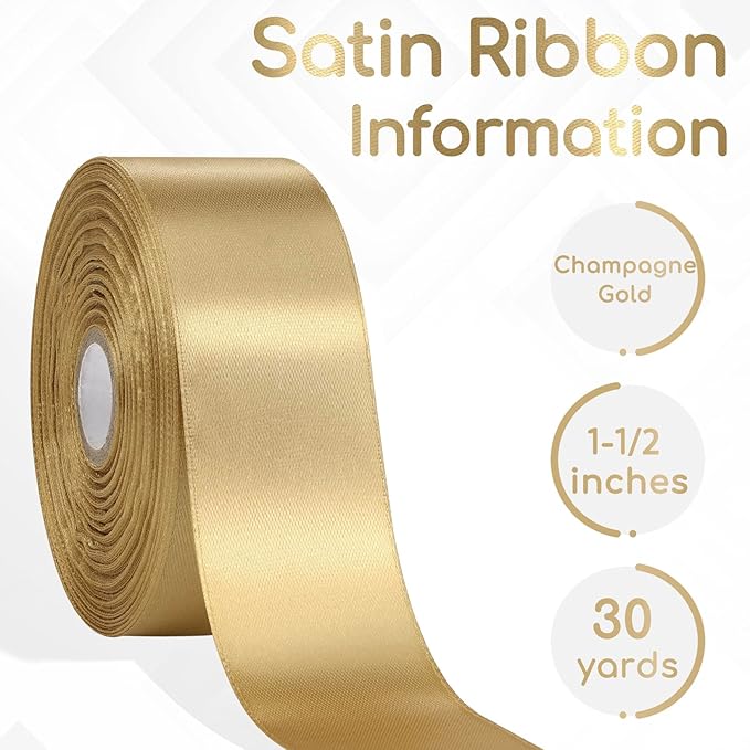 30 Yards Champagne Gold Ribbon 1-1/2 Inch, Champagne Gold Satin Ribbon for Gift Wrapping, Floral Arrangement, Crafts, Christmas, Wedding Party