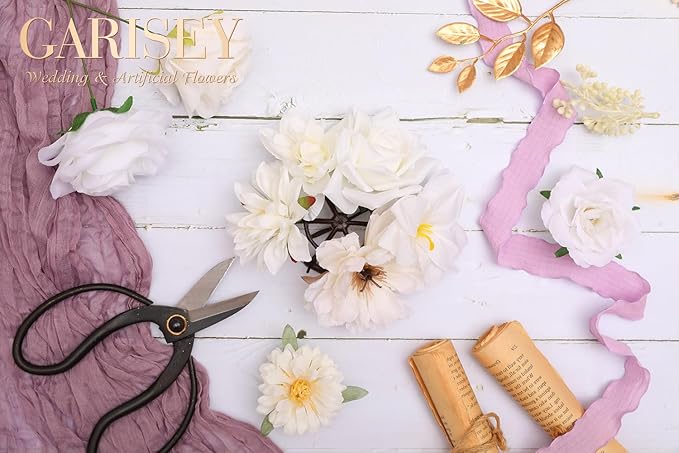 Artificial Flowers Combo, Mix Silk Flowers Roses, Peonies, Dahlias with Stems for DIY Wedding Bridal Bouquets, Baby Shower, Table Centerpieces, Home Decor, Fake Floral Arrangements-White