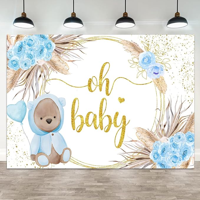 15x8ft Baby Shower Backdrop Oh Baby Photography Background Bear Blue Flowers Boho Leaves Heart Balloon Gold Dots Kid Birthday Party Banner Decorations Newborn Gender Reveal Photo Booth Prop