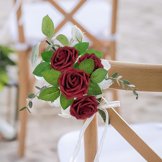 Mocoosy 50Pcs Burgundy Roses Artificial Flower, Burgundy Fake Roses for Decoration, Real Touch Foam Rose Bulk with Stem DIY Wedding Bouquet Centerpiece Floral Arrangement Bride Shower Party Home Decor