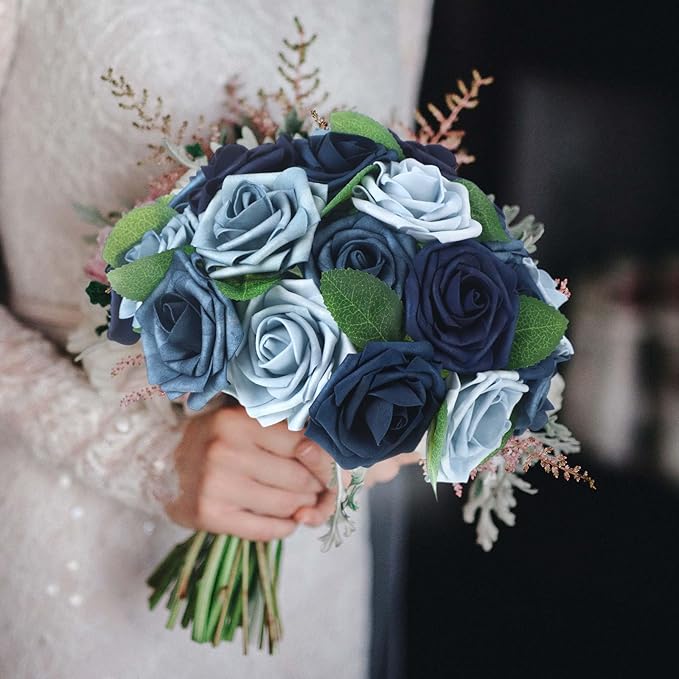 50 Pcs Artificial Foam Rose Flowers Faux Bouquet with Leaves and Stems for DIY Wedding Bouquets Centerpieces Bridal Shower Party Valentine Home Decorations (Shades of Blue)