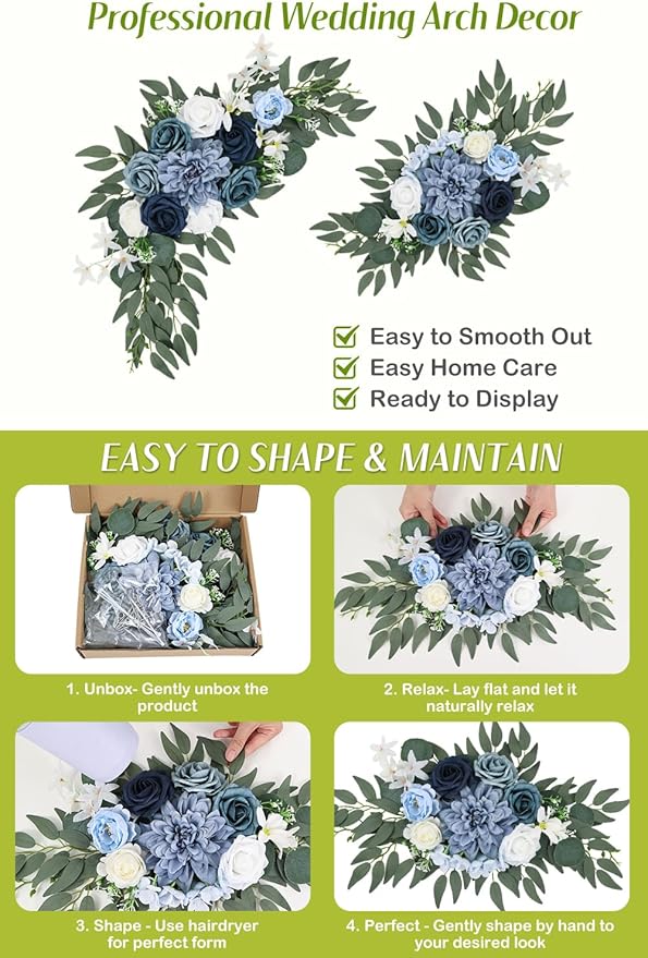 Wedding Arch Flowers Set of 2, Artificial Wisteria & Greenery Garland for Wedding Ceremony Backdrop, Wedding Floral Arrangement for Arch, Photo Booth & Reception Decor (Dusty Blue)