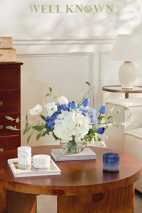 WELL KNOWN Artificial Flowers with Vase, Silk Hydrangea Bouquet and Peonies Artificial Flowers Table Centerpieces with Faux Water for Home Decor Fake Tulips Flower Arrangements for Table Decor (Blue)