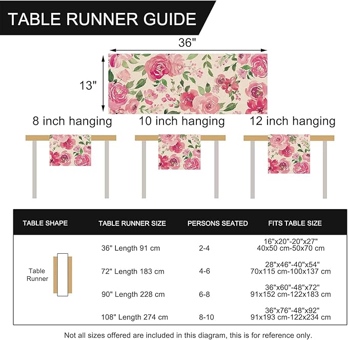 Seliem Spring Summer Watercolor Flower Table Runner, Pink Peony Floral Kitchen Dining Table Decor, Seasonal Burlap Home Decoration Indoor Outdoor Party Supply 13 x 36 Inches