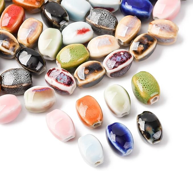 Beadthoven 52pcs Handmade Porcelain Oval Beads 13 Colors Fancy Antique Glazed Porcelain Beads Colorful Printed Oval Loose Handmade Spacers for Jewelry Making DIY Bracelet Necklace Earrings Crafting