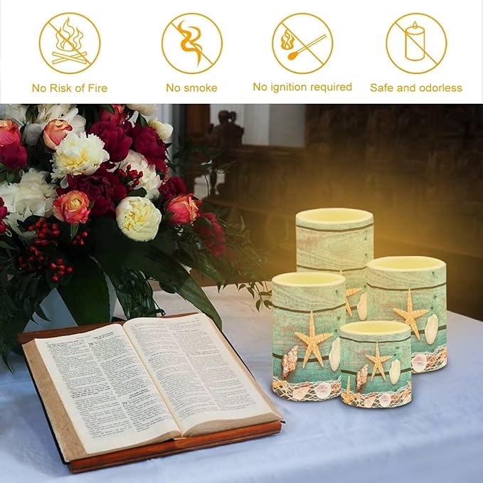 Flameless Light Candles Battery Operated Candles with Color Changing Timer Remote Control Fake Pillar Candle Tealights Home Indoor Beach Coastal Decoration, Starfish Shell Wood Grain