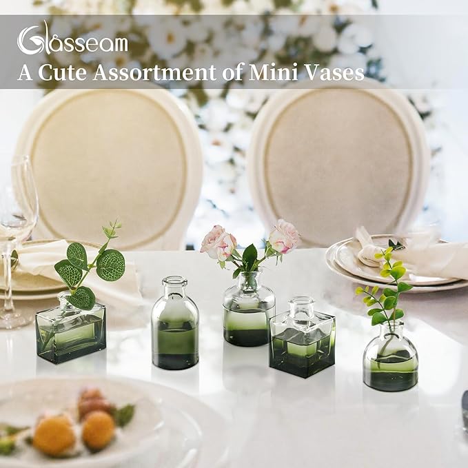 Glasseam Green Glass Bud Vase: Mini Small Vases for Centerpieces Cute Flower Vase Set of 5 Tiny Vases for Flowers Decorative Centerpiece Decor Table Wedding Party Dining Room Decoration