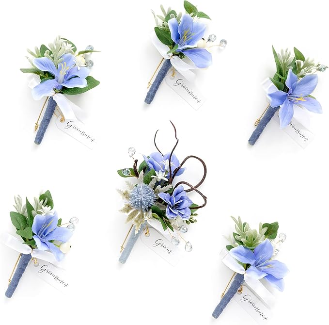 Ling's moment Boutonniere for Men, 6pcs Groom Groomsmen Boutonniere, Artificial Flowers for Wedding Decor/Prom/Homecoming, etc.Provence Blue Berry