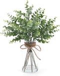 Eucalyptus Stems in Glass Vase with Faux Water, 13.7" Eucalyptus Fake Plants for Home Bathroom Office Kitchen Farmhouse Shelf Centerpiece Coffee Table Decor(Sage Green)