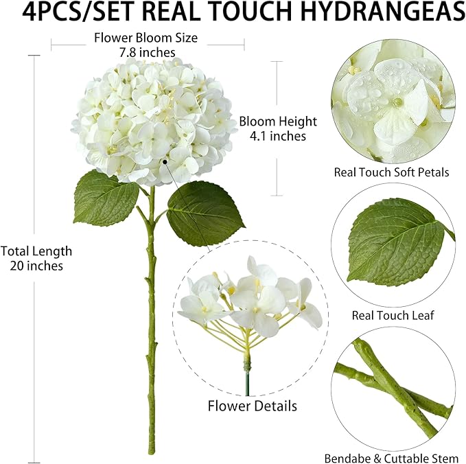 4 Pcs Real Touch White Hydrangeas Artificial Flowers 20'' Long Stem Faux Hydrangeas for Porch Party Wedding Baby Shower Home Decor Kitchen Table Centerpiece