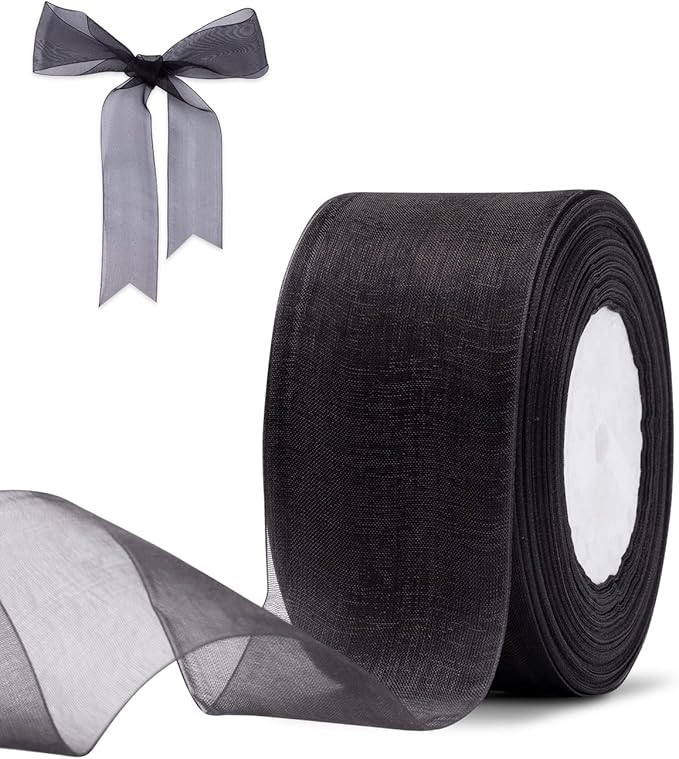 Black Organza Ribbon for Gift Wrapping, FAKILO 2 Inch Shimmer Sheer Wrapping Ribbon for Bouquet, Wedding, Christmas Gift - 50 Yards Each Roll