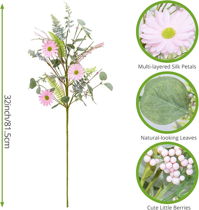 Artificial Pink Daisy Floral Stem with Eucalyptus and Greenery - 30 Inch 6 Bundles Faux Flower for Spring Summer Realistic Silk Flowers for Home Wedding Decor