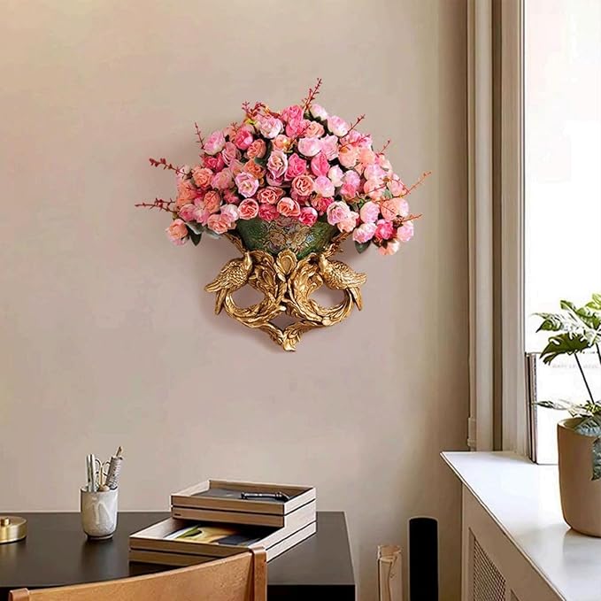 European Artificial Flowers, Luxurious Silk Faux Floral Arrangement with Medieval Gold Carved Vase for Elegant Home Decor