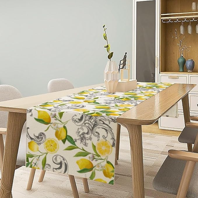 Lemon Table Runner , Summer Yellow Fruits Green Leaves Kitchen Dinning Table Decoration for Indoor Outdoor Home Party Decor 13"x90"