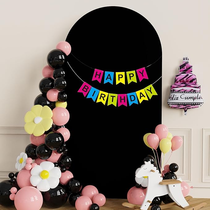 Putros 6.6ft Metal Arch Stand with Cover Black Spandex Fitted Wedding Arch Cover and Round Top Chiara Backdrop Stand Set for Birthday Party Baby Shower Decoration