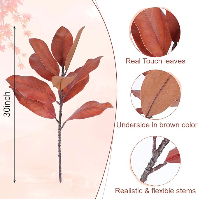 4 Artificial Magnolia Leaf Stems, Real Touch Fake Green Branches for Flower Arrangement, Centerpiece for Indoor and Outdoor Home Dining Tables, Wedding and Party Decorations(Red)