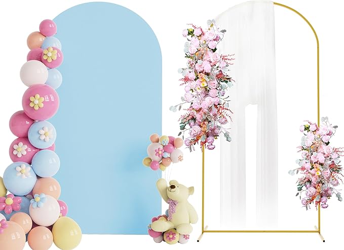 Putros 7.2ft Metal Arch Stand with Cover Dusty Blue Spandex Fitted Wedding Arch Cover and Round Top Chiara Backdrop Stand Set for Birthday Party Baby Shower Decoration