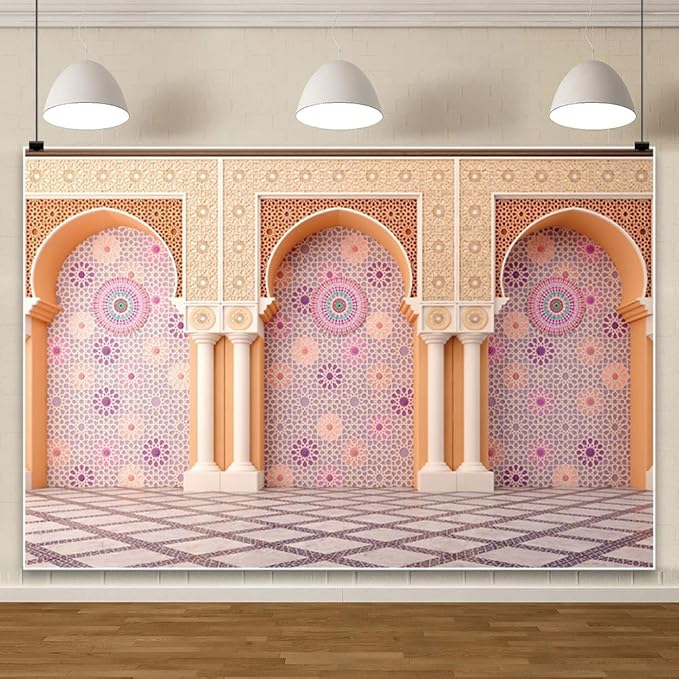 Yeele 10x6.5ft Bohemia Palace Backdrop Boho Style Pink Floral Wall Plaid Floor Dreamy Villa Inside Photography Background for Wedding Bridal Shower Girl Birthday Party Decor Portrait Photo Shoot Prop