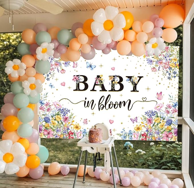 Baby in Bloom Backdrop Wildflower Baby Shower Party Photography Background Spring Floral Gold Glitter Butterfly Banner for Girls Baby Shower Newborn Birthday Party Decorations (94X70 inch (8x6FT))