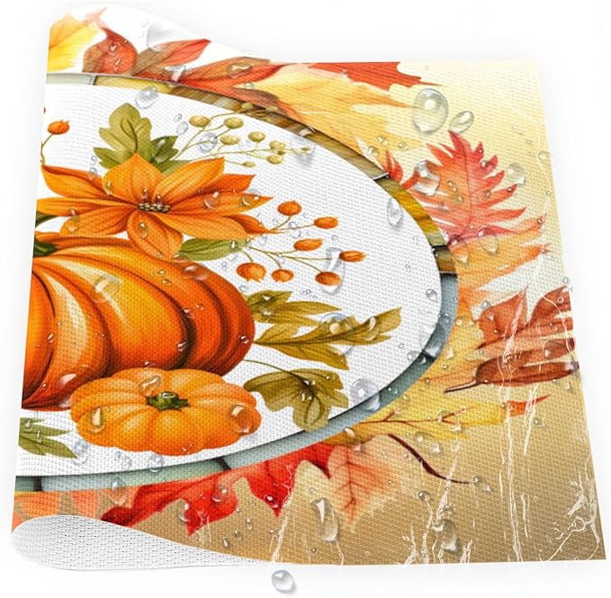 Fall Autumn Flower Pumpkin Placemats Set of 4 PVC Vinyl Non Slip Table Mats Heat Resistant Place Mats Washable Wipeable Dining Table Mat for Kitchen Decor Party Indoor Outdoor Decorative Gift