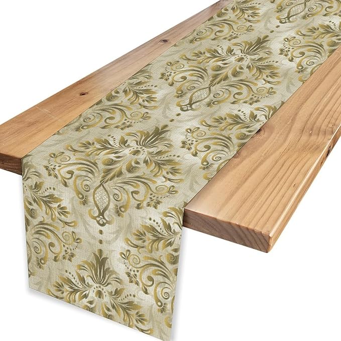 Damask Table Runner, Vintage Traditional Farmhouse Boho Floral Linen Coffee Table Center Decor for Family Kitchen Farmhouse Holiday Party Table Decorations Indoor Outdoor 13x90 inch