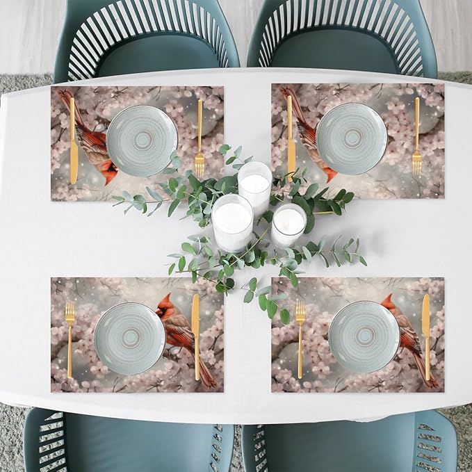 PVC Placemats Set of 1 Winter Red Cardinal Flower Wipeable Table Mats Washable Heat Resistant Non Slip Vinyl Dining Table Mat for Kithen Indoor Outdoor Patio Farmhouse Place Mats Decorative