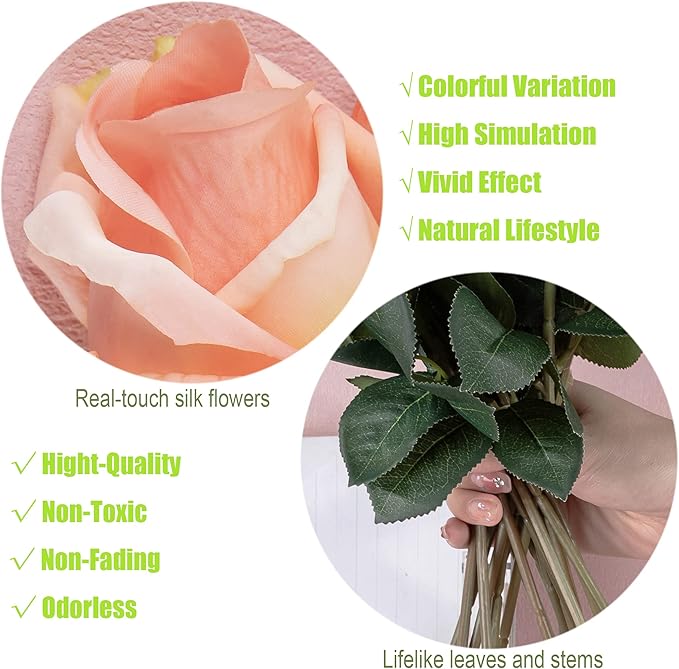 12pcs Half Opened Artificial Rose Buds,17 Inch Real Touch Silk Roses with Partially Opened Flowers, Artificial Flower for Home Décor Centerpiece Wedding Bouquet,Orange