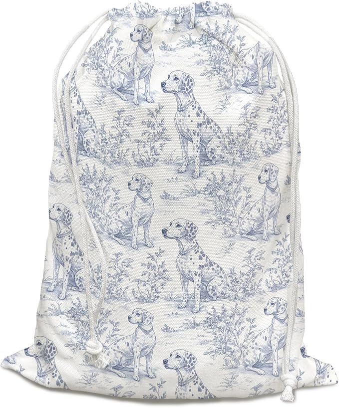 DSHFG Blue Chinoiserie Birthday Drawstring Gift Wrap Bags, Chinoiserie Dog Baby Shower Drawstring Gift Bags Canvas, Blue and White Small Happy Birthday Bag, Gifts for Women Dog Lovers, 10x13 Inch