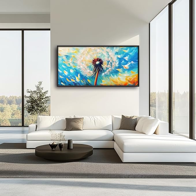 Extra Large Abstract Dandelion Framed Wall Art for Living Room,Oversized Colorful Dandelion Flower Pictures Wall Decor,Blue Canvas Print Painting Modern Artwork Bedroom Office Bathroom 60L x 30W