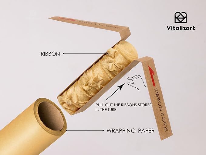Vitalizart Gold Wrapping Paper Set 17" Pearly-Lustre With Silk Like Satin Ribbon & Gift Tags Recyclable Christmas Gift Wrapping Birthday Baby Shower Wedding Handmade Crafts 197"(16.4 Ft)