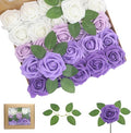 Artificial Flowers 100PCS Purple Roses Real Looking Lilac Foam Fake Roses with Leaves and for DIY Wedding Bouquets Bridal Shower Centerpieces Party Decorations (Purple Series, 100)