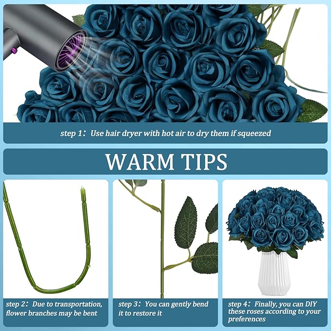 30pcs Fake Roses Artificial Silk Flowers Long Stems Bouquet for Wedding Bridal Shower Party Home Decoration (Teal)