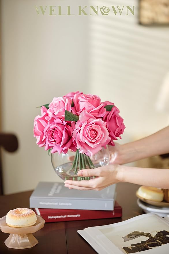 WELL KNOWN Artificial Flowers with Vase, Silk Rose Artificial Flowers Table Centerpieces with Faux Water for Home Decoration Fake Roses Flower Arrangements for Table Decor (Fuchsia)