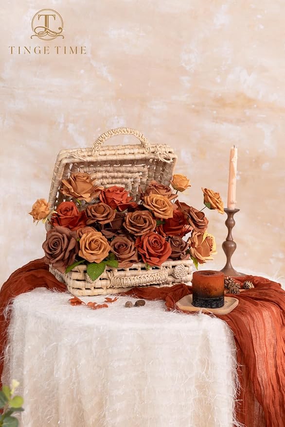 TINGE TIME Artificial Flowers Combo Box Set 16pcs Fake Rose Silk Flower with Stem for DIY Wedding Bouquets Centerpieces Baby Shower Party Home Fall Decoration (Gradient Terracotta)