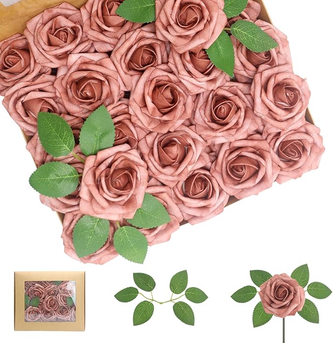 100PCS Warm Taupe Artificial Flowers Roses Real Looking Foam Fake Roses with Leaves for DIY Wedding Bouquets Bridal Shower Party Decorations (Warm Taupe, 100)