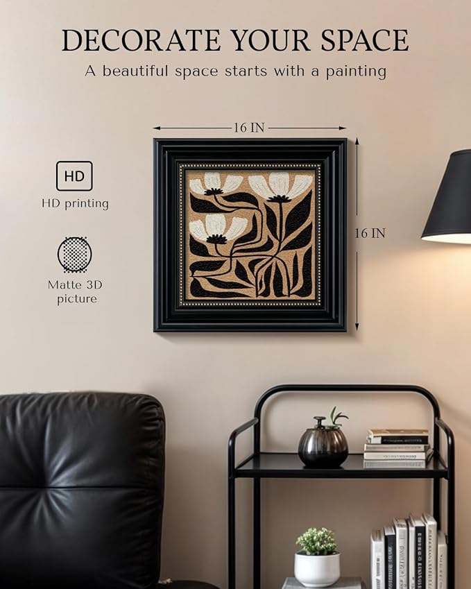 Framed 3D Textured Vintage Floral Wall Art 16x16” Abstract Flower Painting, Sandstone Finish Botanical Print, Minimalist Black White Geometric Design, Bedroom Office Gallery Decor