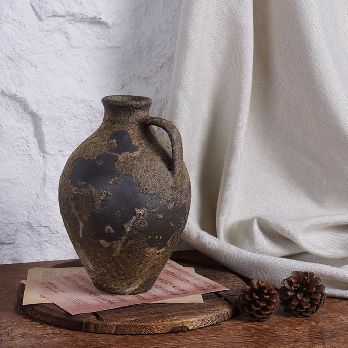 Wabi Sabi Decor Rustic Vase with Handle, Distressed Farmhouse Vase for Home Decor, Vintage Pottery Terracotta Vases for Home Decor, Living Room, Kitchen, Bedroom, Shelf, and Table Centerpiece