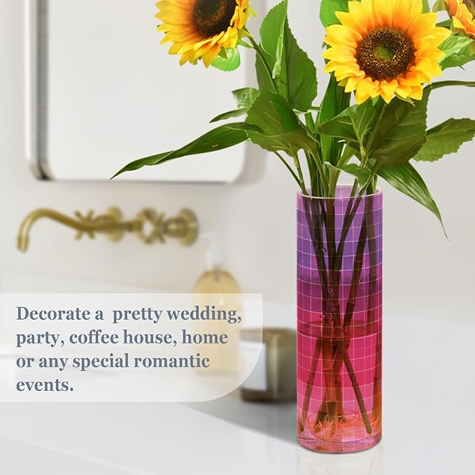 Flower Vase Clear Plastic Cylinder Vases Decor for Centerpieces Home Storage Office Weddings Grid Gradient Pink Purple 11.8 x 3.9 in