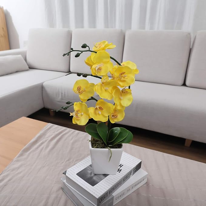 15" Tall Artificial Silk Phalaenopsis Orchid Flower Plant Pot Arrangements (Yellow)