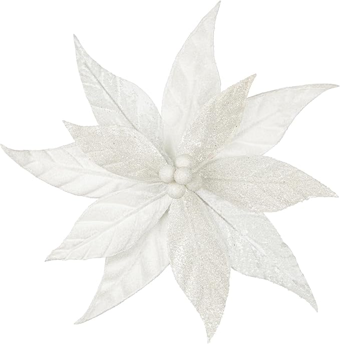 Hollyone 3PCS Poinsettia Christmas Flowers Artificial 11" Large Velvet White Glitter Poinsettia Flowers Christmas Tree Ornaments Floral Picks for Tree Wreath Garland Vase Table Centerpiece Home Decor