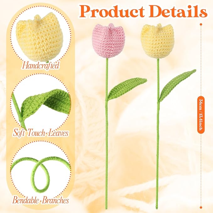 YoungJoy Crochet Rose 12 Pcs Handmade Knitted Flowers Tulip Sunflower Daisy Heart Artificial Knitted Floral Mother Day Graduation Home Decor(Cute Tulip A)