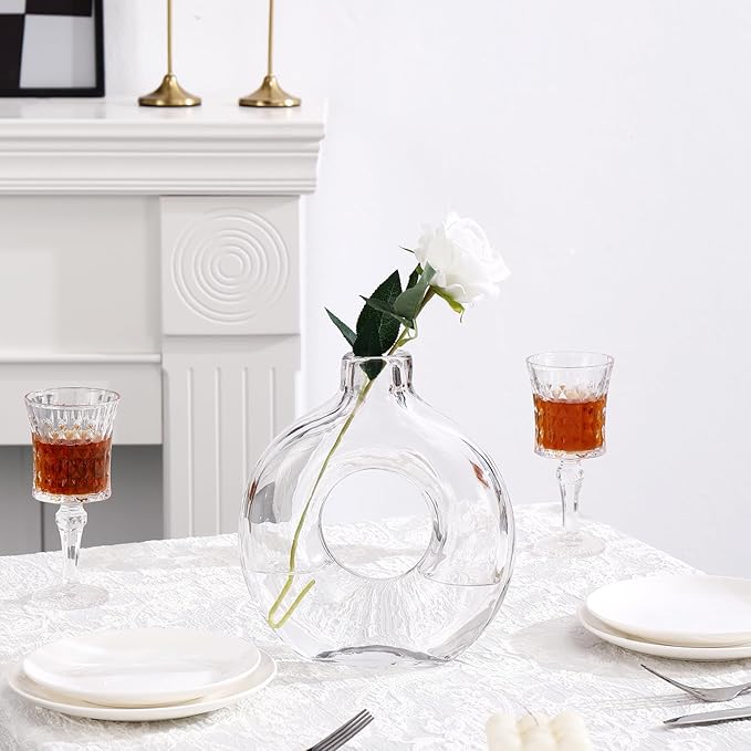 Glass Donut Vase, Clear Donut Vase, Round Glass Vases for Flowers, Modern Vases for Home, Living Room, Dining Table, Entryway, Mantle, Shelf, Wedding, Office, Coffee Table